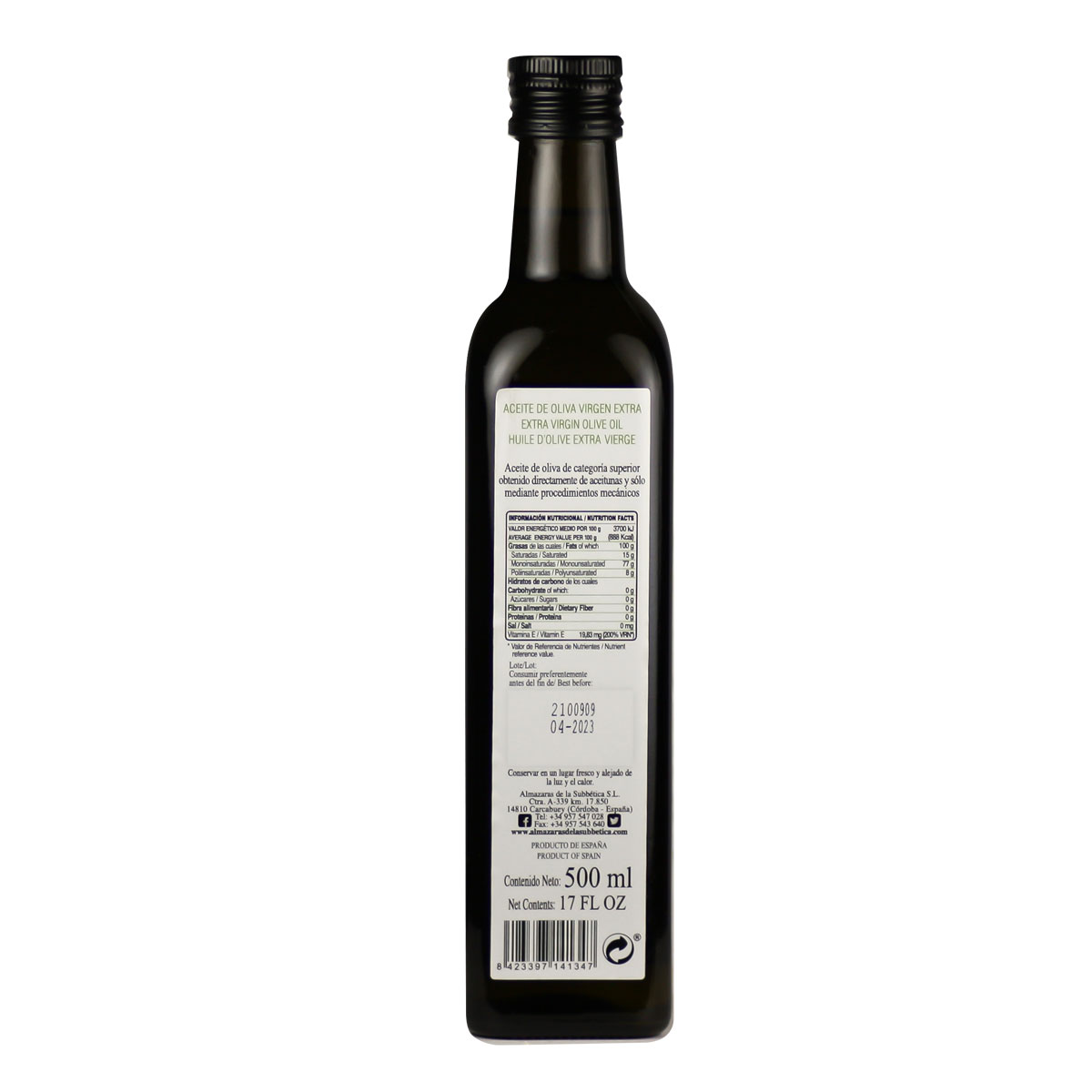 Aceite de oliva virgen extra AlmaOliva 500 ml por detrás