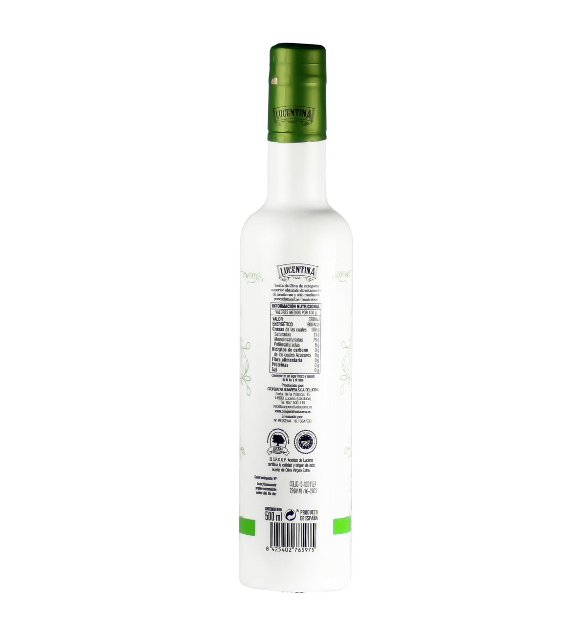 Aceite de oliva virgen extra Lucentina edición limitada 500 ml por detrás