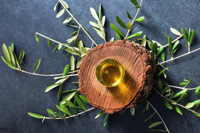 representación de unas ramas de olivo bajo un vaso de aceite de oliva